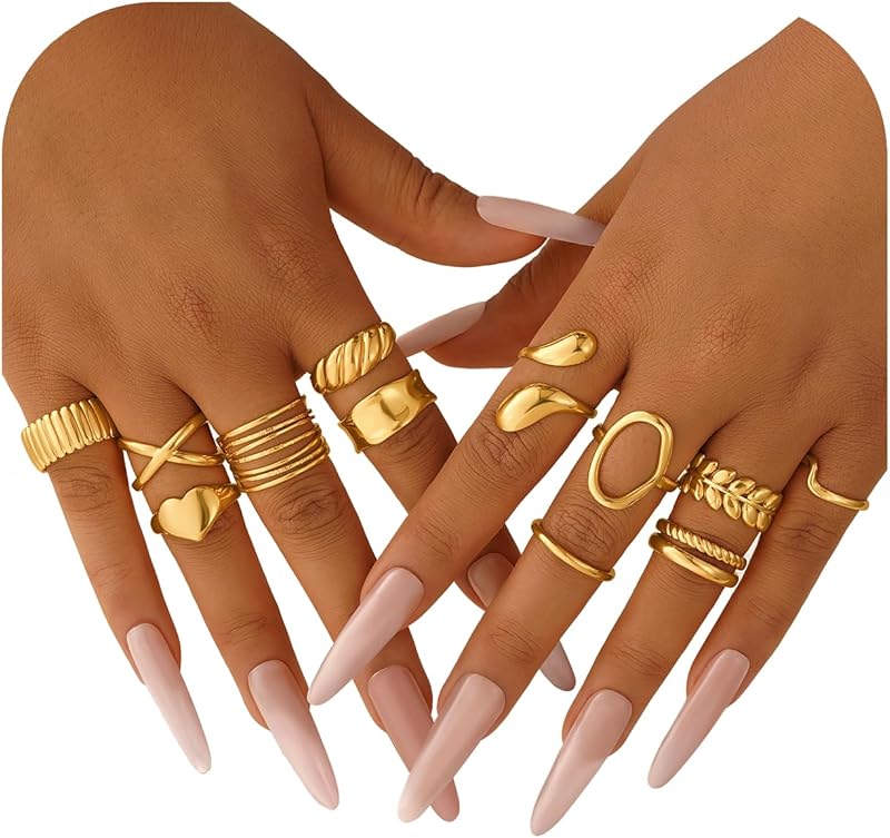 Yoosteel 12 PCS Chunky Gold Open Rings 14K Gold Plated Stackable