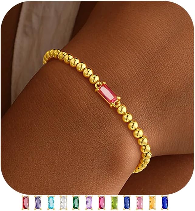 Yoosteel Dainty Birthstone Bracelet 14K Gold Plated Stretch