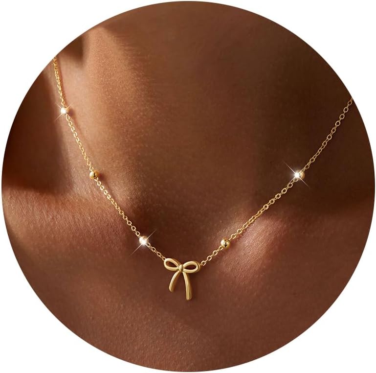 Yoosteel Dainty Bow Necklace 14K Gold Plated for Kids Teens Girls