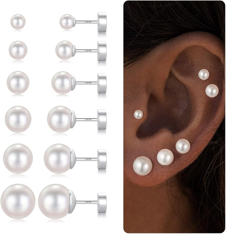 Yoosteel 6 Pairs Silver Flat Back Cubic Zirconia Stud Earrings